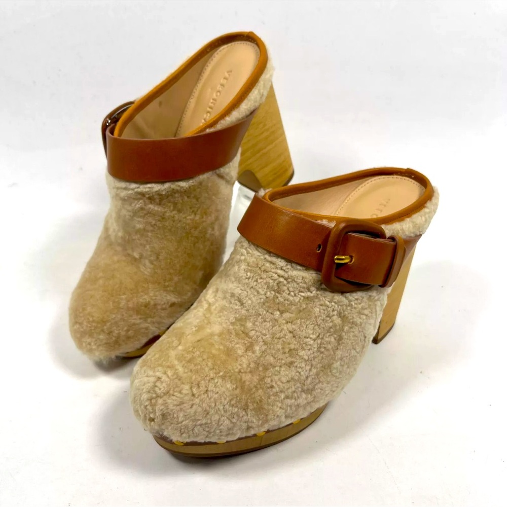 Veronica Beard Dacey Shearling Mule Clogs Dyed Lamb Fur Heeled Cream Size 7